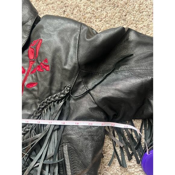 Vintage Addis Biker Fringe Leather Jacket Velvet Cut Out Rose Conchos Womens 16 - Picture 9 of 12